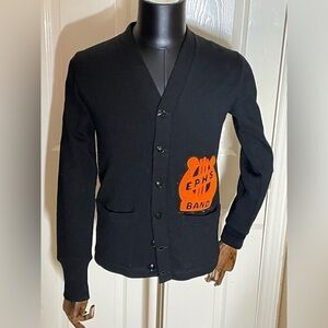 VTG 50s/60's Varsity Black /Orange Virgin Wool Cardigan Made By Campus co. Sz 38